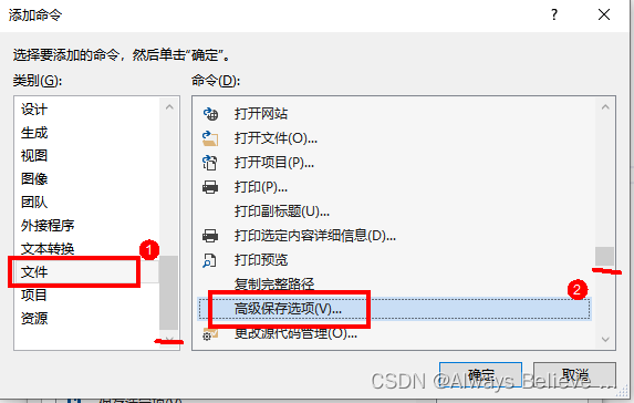 在“添加命令”对话框中的“类别”，选择“文件”，然后在“命令”列表中，选择“高级保存选项” 。 选择“确定”按钮