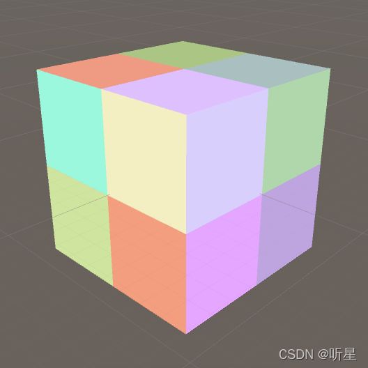 图像显示场景中的 1x1x1 单位立方体，间接分辨率为 1。分配的光照贴图参数指定簇分辨率为 1 Cluster per texel。因此，当光照贴图分辨率为每单位 2 个纹素时，每个面将有 4 个簇。