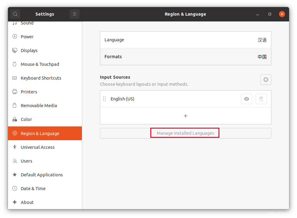 在 Region & Language 中选择 Manage Installed Language