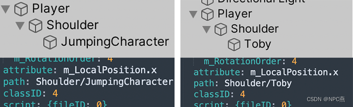 Original YAML and hierarchy on left, renamed GameObject version on right