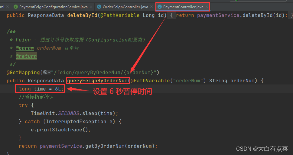 服务端 PaymentController 业务类的 queryFeignByOrderNum() 设置暂停线程时间为 6 秒