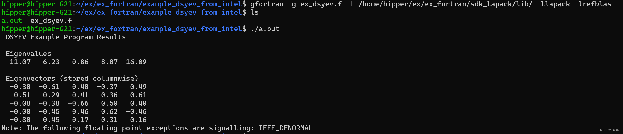 编译 intel MKL的一个fortran77 example DSYEV Example Program in Fortran