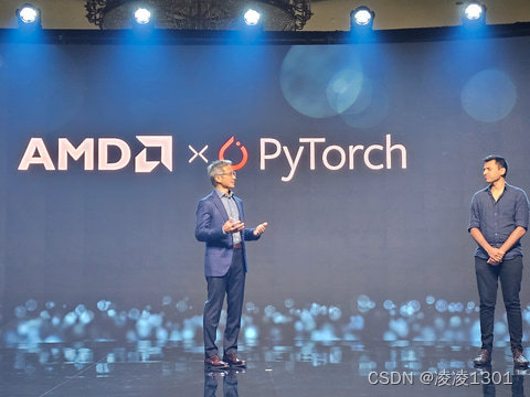 AMD 总裁 Victor Peng（左）和 PyTorch 创始人兼 Meta 副总裁 Soumis Chintala