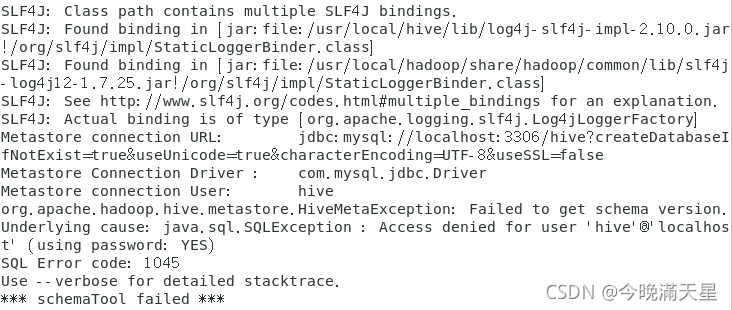 Hive初始化元数据仓库：java.sql.SQLException : Access denied for user ‘hive‘@‘localhost‘ (using password: YES)