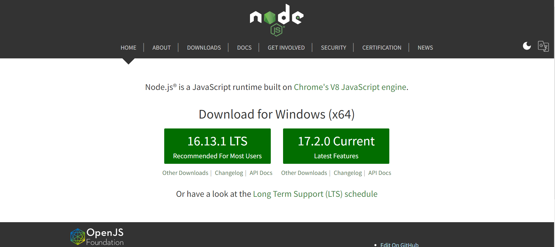Node.js官网下载界面
