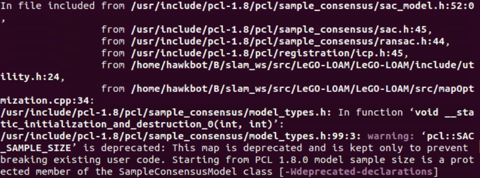 Sample Ppcl Code Ubuntu system Catkin_make compiles Error C4996: PCL :: SAC_SAMPLE_SIZE ...