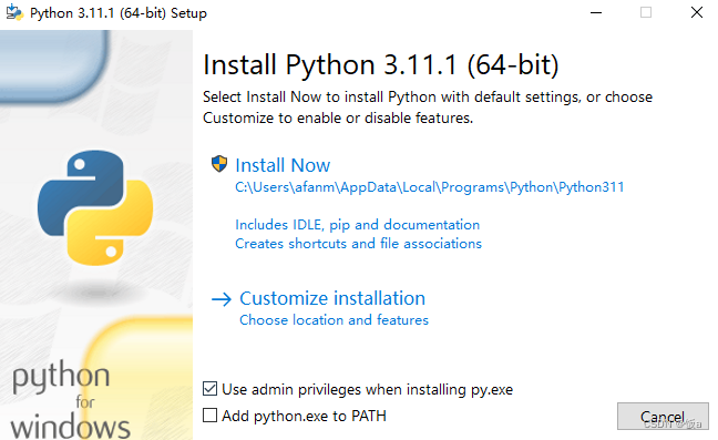 勾选Add python.exe to PATH