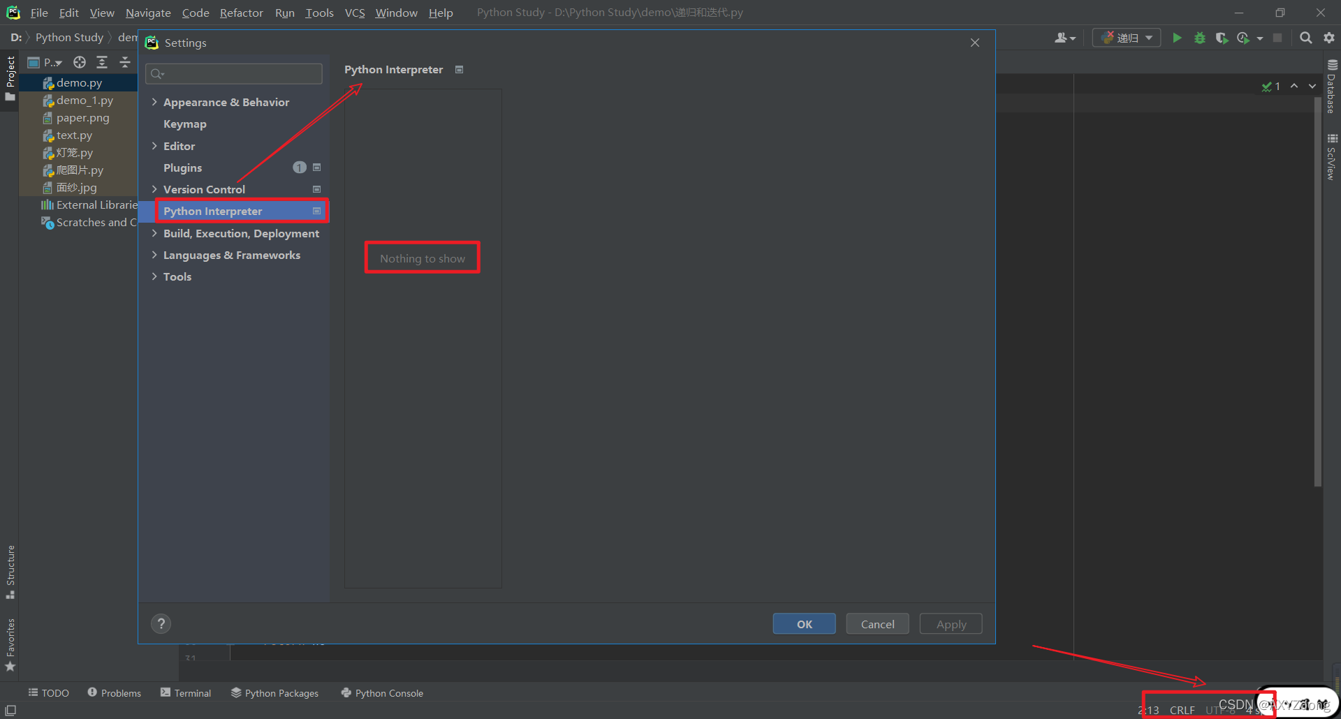 【Pycharm】关于 Python interpreter 里面没有内容的问题_python interpreter什么也没有-CSDN博客