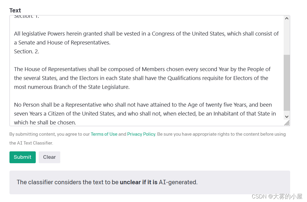 当OpenAI的文本分类器读取美国宪法的部分时，它会说：“如果这段文本是由人工智能生成的，该分类器会认为这是不清晰的。”