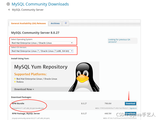 要注意根据Linux系统版本和位数选择对应的MySQL版本