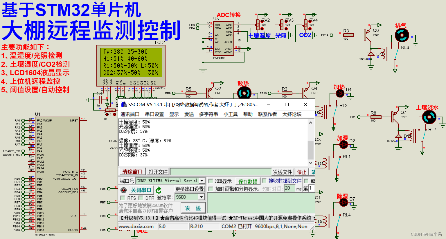 【Proteus仿真】【STM32单片机】大棚远程监测控制