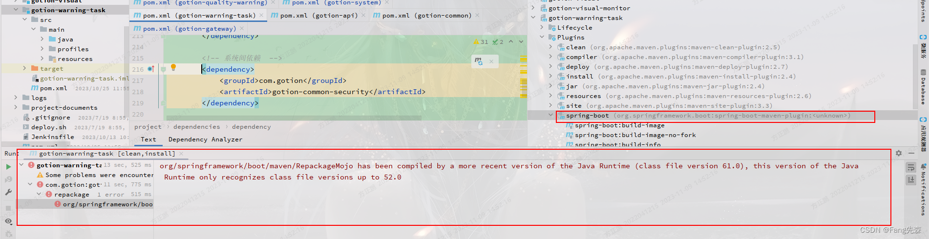 org/springframework/boot/maven/RepackageMojo has been compiled by a ...