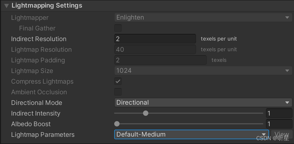 在 Lighting Settings 窗口的 Lightmapping settings 部分中，Lightmap Parameters 属性下拉菜单的图像设置为 Default-Medium。