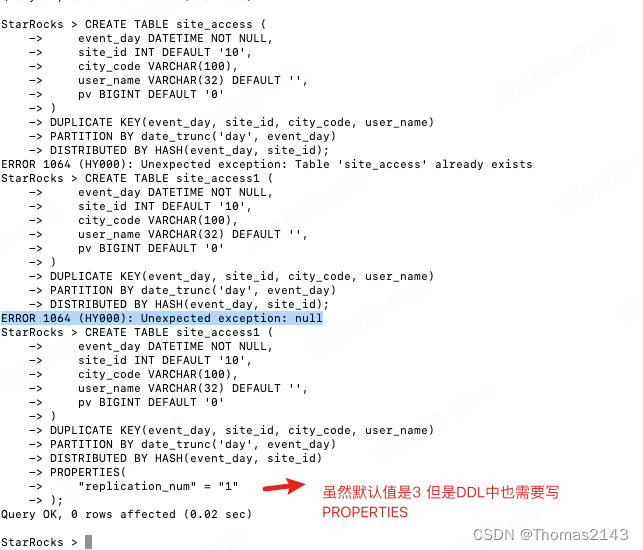 starrocks3 报错 ERROR 1064 (HY000): Unexpected exception: null