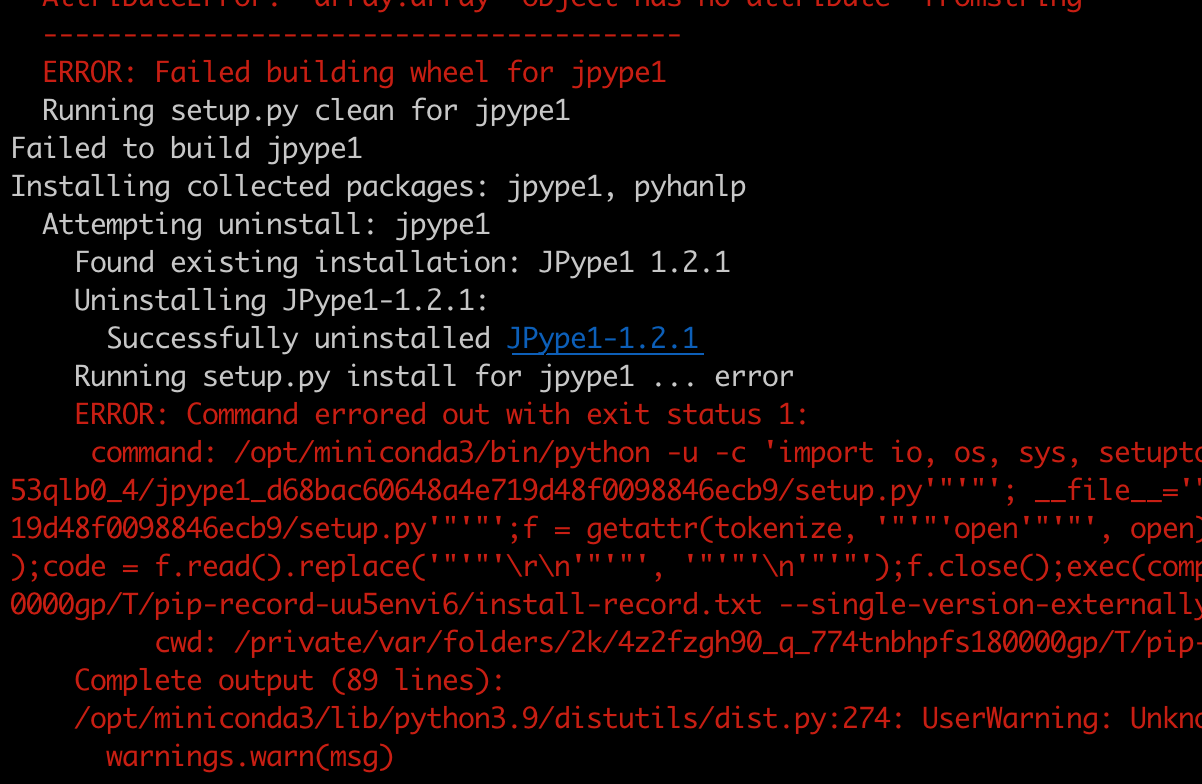 pyhanlp安装报错Failed building wheel for jpype1(Python3.9的锅)_conda install ...
