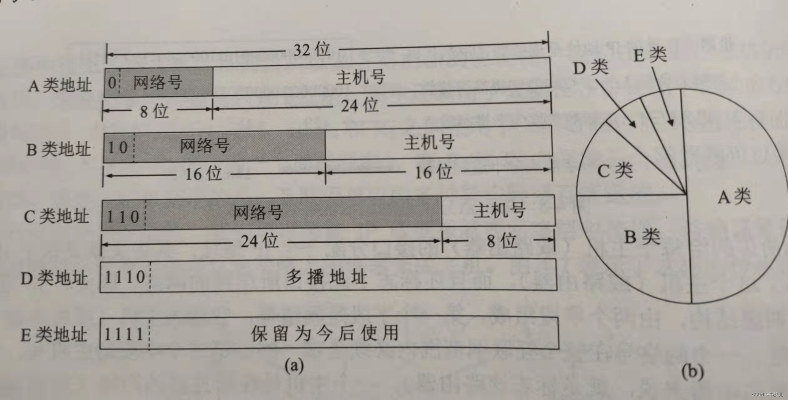 分类的IP地址（a）以及各类地址所占比例（b）