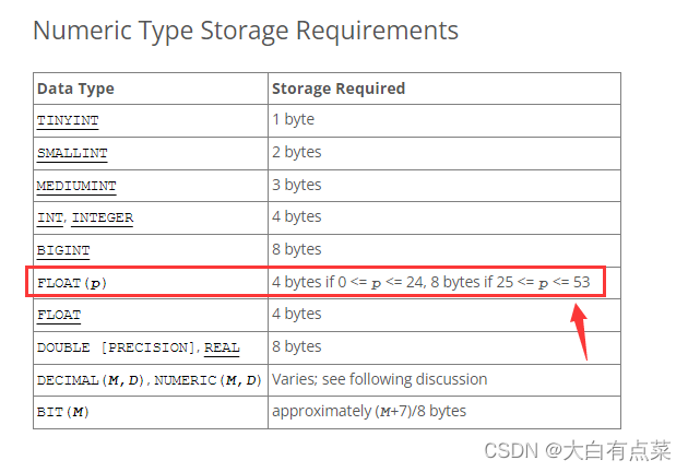 数据类型存储要求（Data Type Storage Requirements）中 FLOAT(p) 的·p 值范围