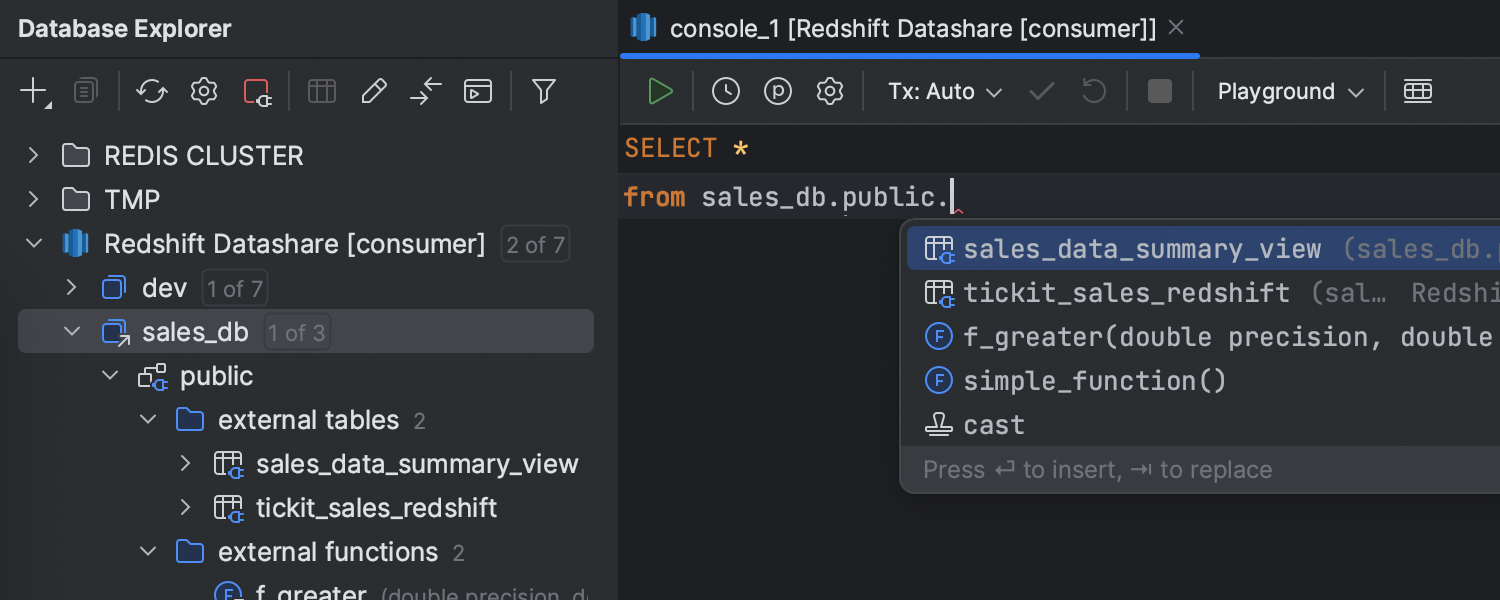 Support for external databases and data sharing in Redshift