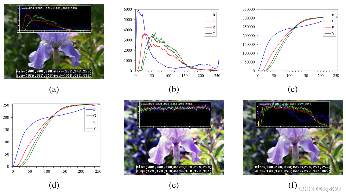 图4直方图分析与均衡化:(a)原始图像;(b)颜色通道和强度(亮度)直方图;(c)累积分布函数;(d)均衡(传递)函数;(e)全直方图均衡化;(f)局部直方图均衡化