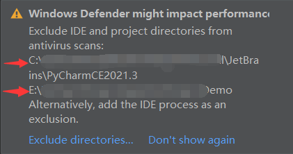 如何解决Pycharm警告：Windows Defender might be impacting your build and IDE performance.