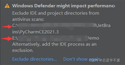 如何解决Pycharm警告：Windows Defender might be impacting your build and IDE performance.