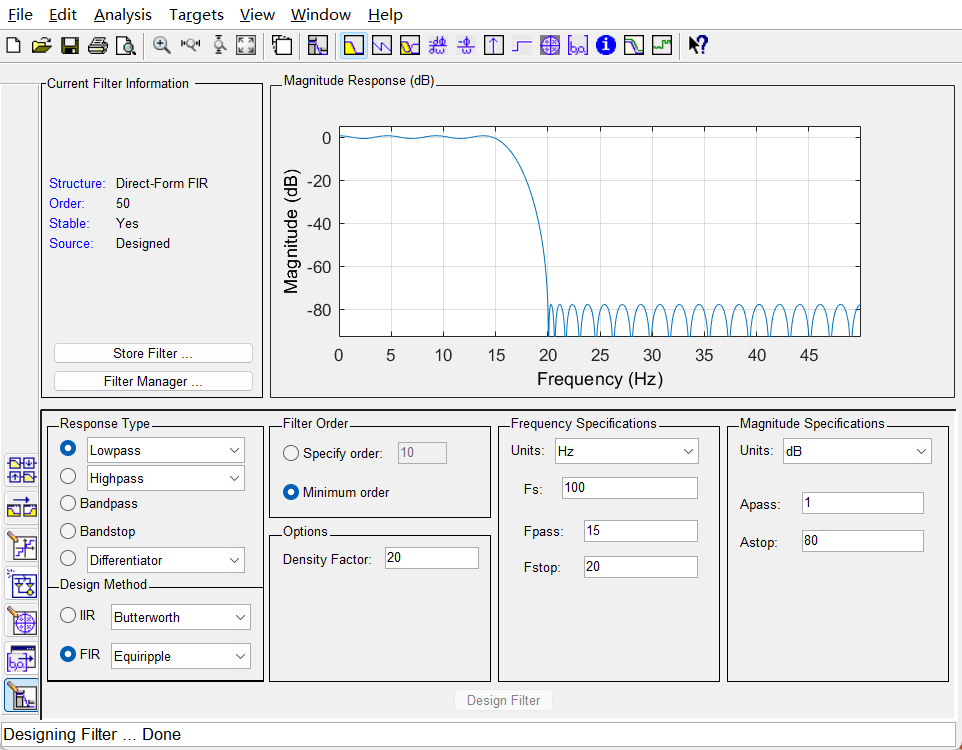 【Matlab】如何使用Filter Design设计低通、高通、带阻滤波器