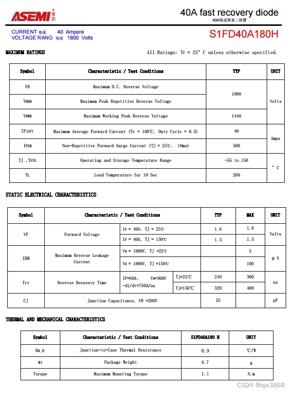 ASEMI快恢复二极管S1FD40A180H参数，S1FD40A180H应用
