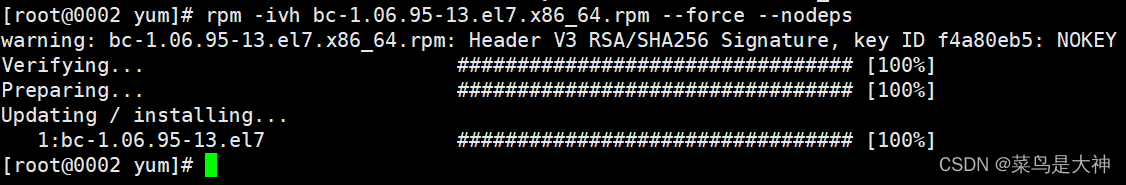 warning: bc-1.06.95-13.el7.x86_64.rpm: Header V3 RSA/SHA256 Signature, key ID f4a80eb5: NOKEYerror: