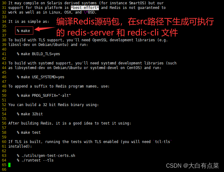 直接使用 make 命令编译 Redis 源码，会在 src 目录下生成 redis-server 和 redis-cli 可执行文件