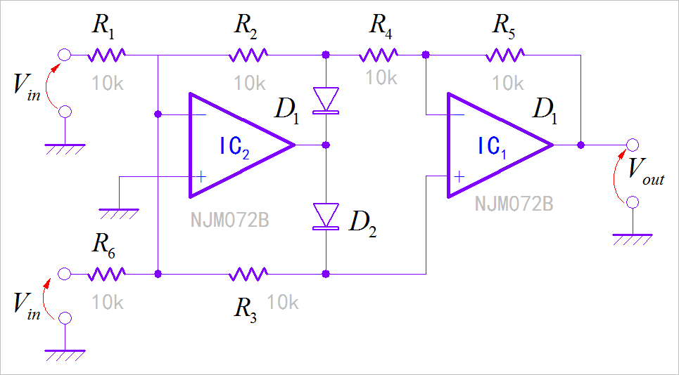 ▲ 图4.4.1 相同电阻值构成高精度绝对值电路