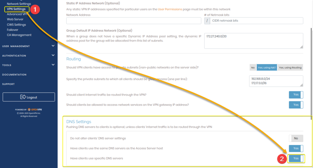 Enabling custom OpenVPN DNS addresses