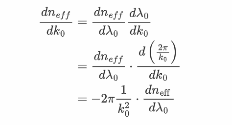 群折射率$ n_g$与有效折射率$ n_{eff}$的关系详细推导(假设$ \lambda_0$为真空入射光波长)