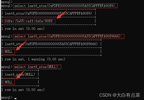 INET6_NTOA() 函数会解析参数是否为有效地址或为 NULL，不能解析的参数会返回 NULL