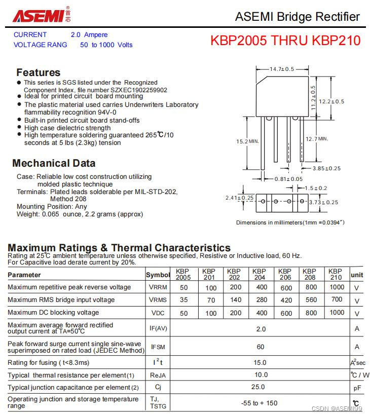 KBP210-ASEMI大功率LED驱动器桥堆KBP210