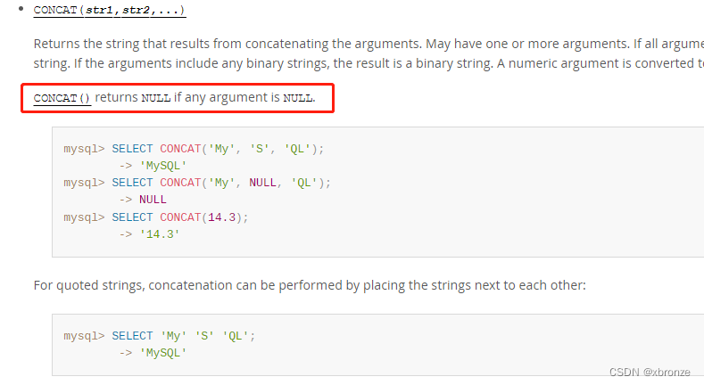 *CONCAT() returns NULL if any argument is NULL.*
