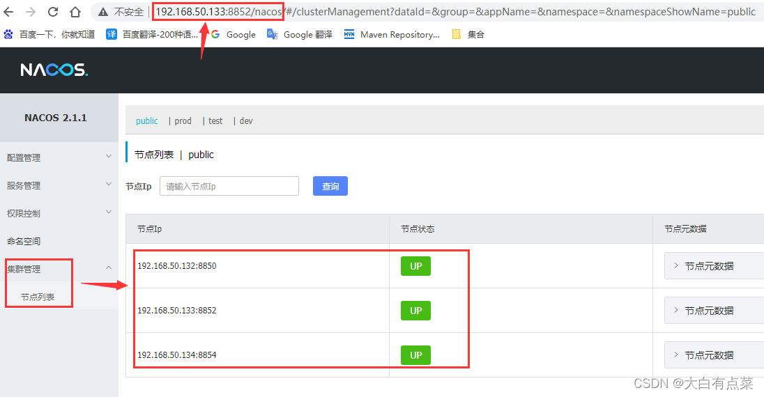 “集群管理”菜单下的“节点列表”显示正常运行的 Nacos Server 节点。