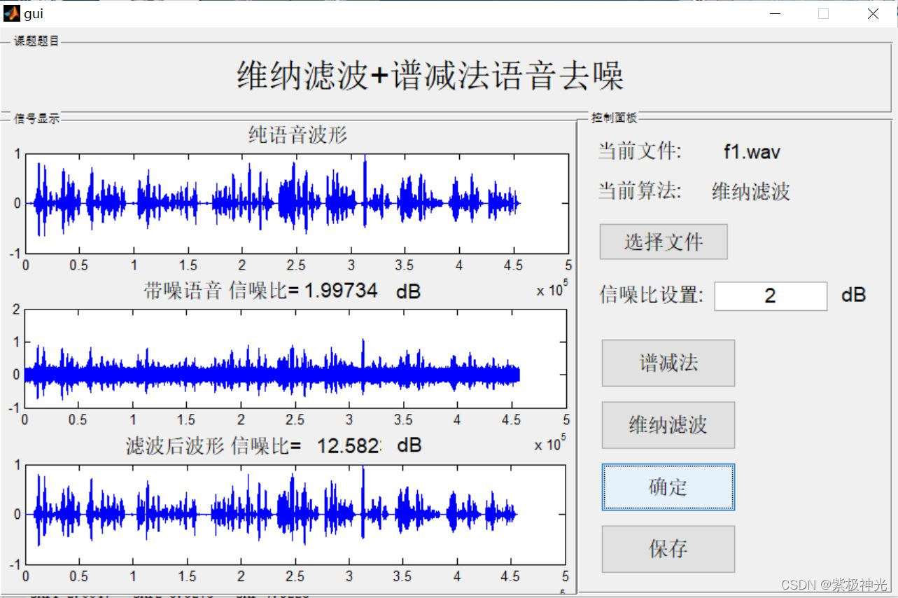 【语音去噪】基于matlab GUI谱减法+维纳滤波语音去噪（带面板+信噪比）【含Matlab源码 1661期】