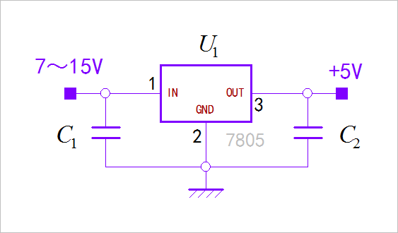 ▲ 图1.1.1 7805典型稳压工作电路