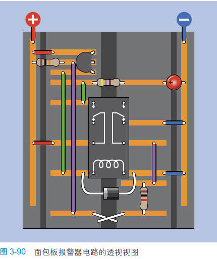 3-90面包板报警器电路的透视视图