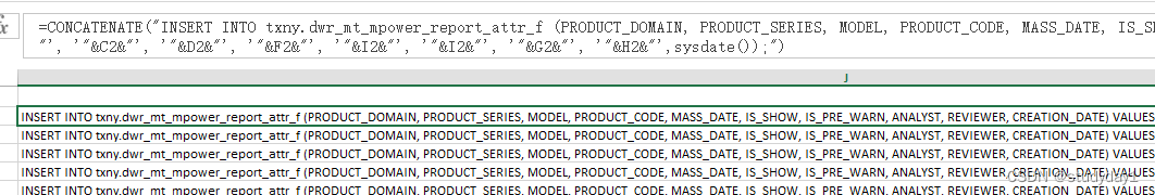 【业务功能篇11】excel表格通过 CONCATENATE函数技巧拼接字段批量高效生成表格数据的insert语句