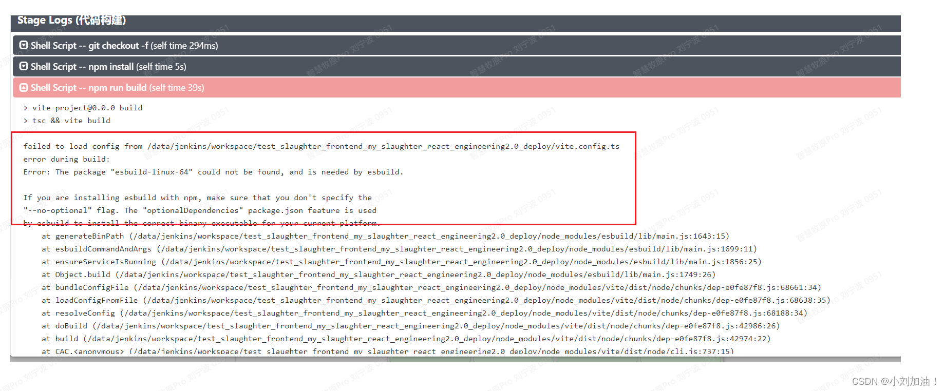 Jenkins 构建前端代码失败，报错：The package “esbuild-linux-64“ could not be found ...