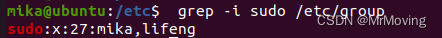 > mika@ubuntu:/etc$  grep -i sudo /etc/group