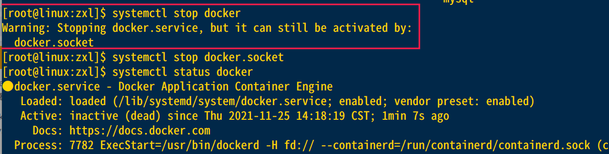 停止docker时报错：Warning: Stopping docker.service, but it can still be activated by: docker.socket