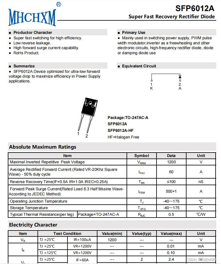 SFP6012A-ASEMI代理海矽美快恢复二极管参数、尺寸、规格