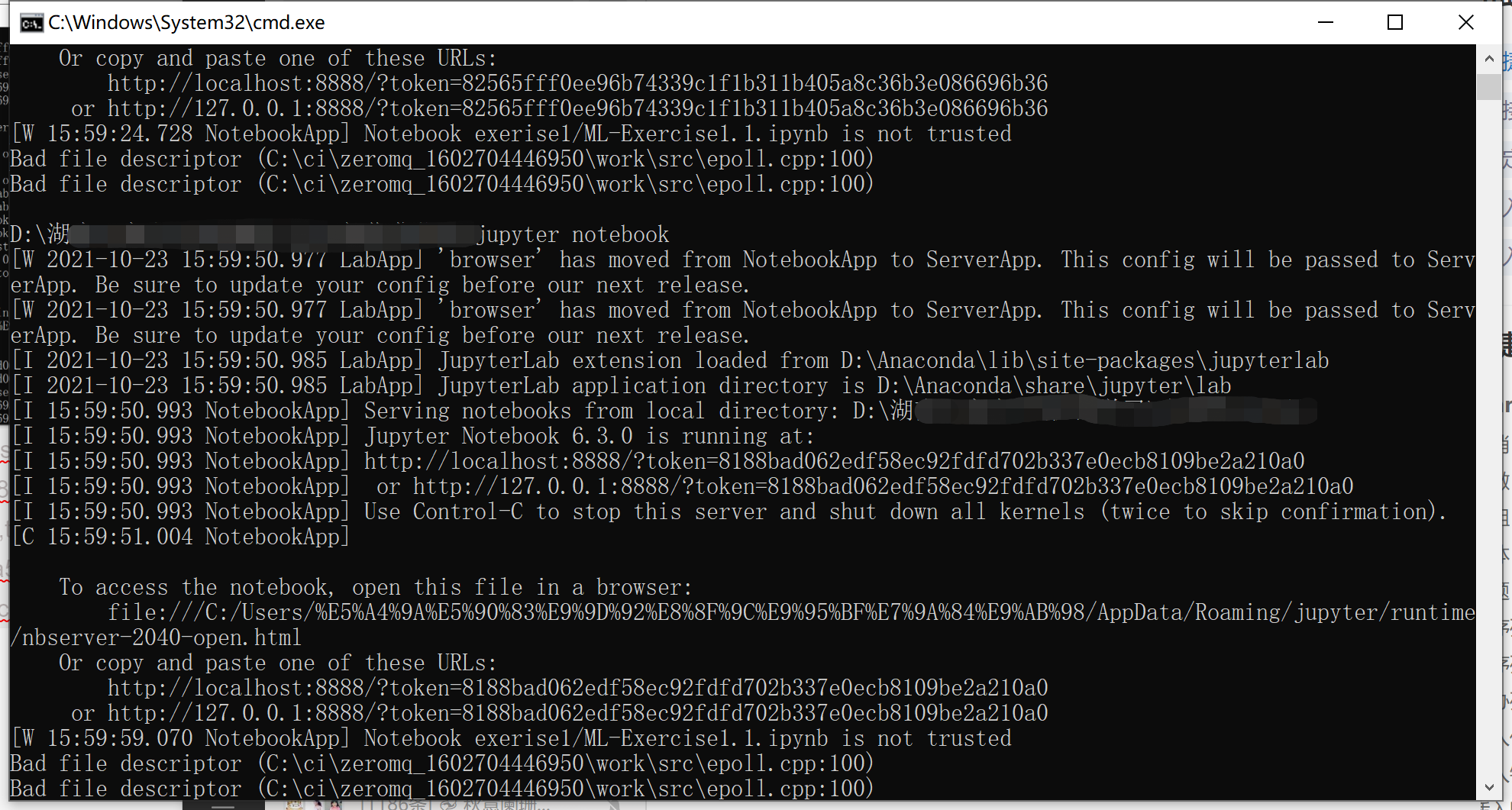 jupyter notebook报错：Bad file descriptor(C\ci\zeromq_1602704446950\work