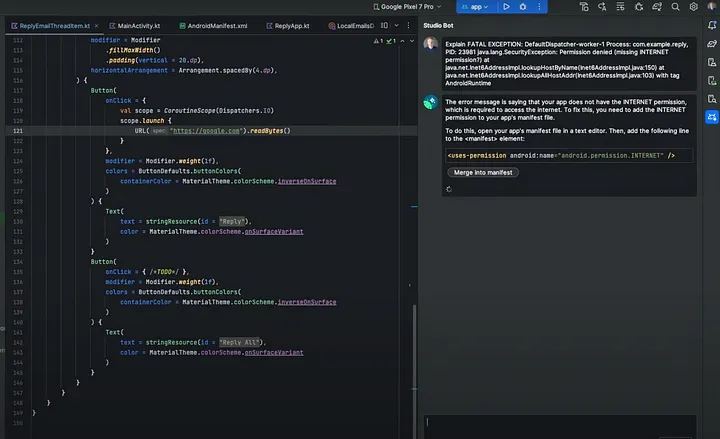 Image of the Studio Bot tool window in Android Studio Hedgehog