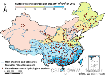 图1 中国地表水资源与330个水文站点空间分布。地表水资源量来自《2019年中国水资源公报》。中国十大流域包括：I, 松花江; II, 辽河; III, 海河; IV, 黄河; V, 淮河; VI, 长江; VII, 东南诸河; VIII, 珠江; IX, 西南诸河; X, 西北诸河。