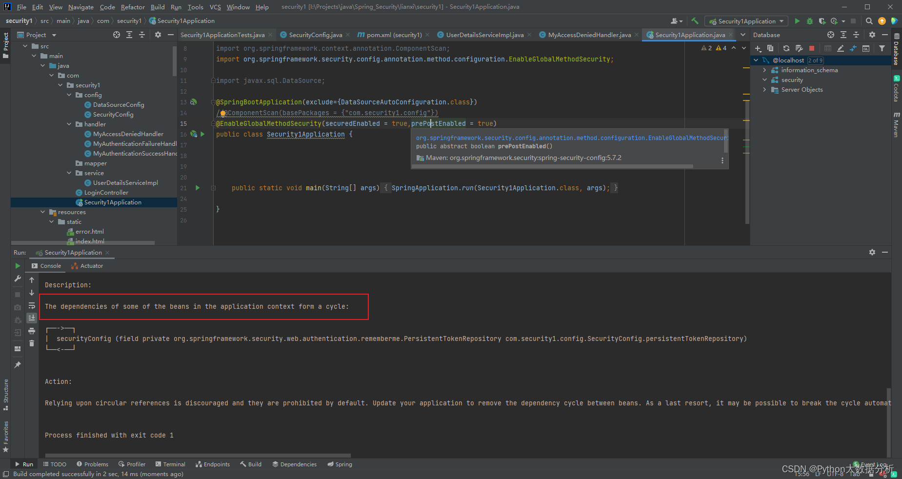 Field dataSource in com.security1.config.SecurityConfig required a bean