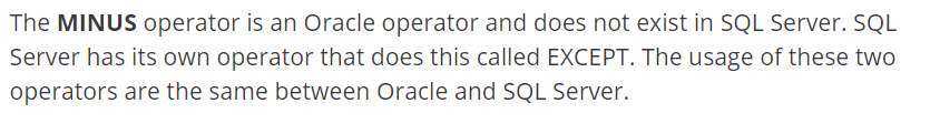 SQL Server 执行报错： “minus“ 附近有语法错误。